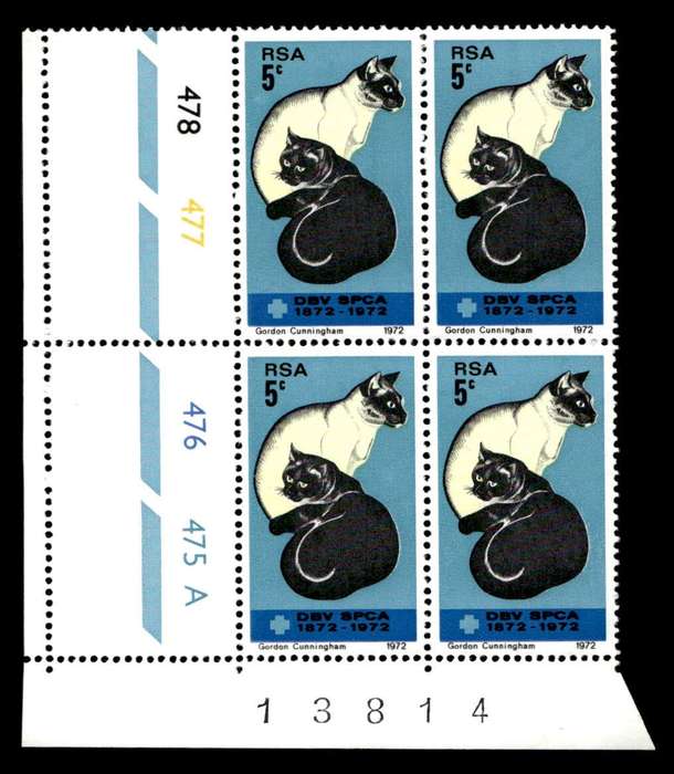 RSA 1972/09/19 Centenary of the S.P.C.A. 5c Cyl No 478 477 476 475A