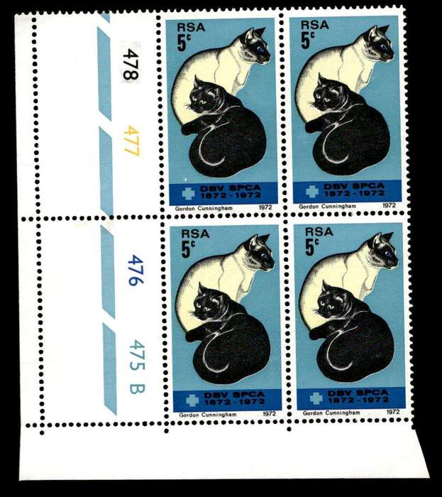 RSA 1972/09/19 Centenary of the S.P.C.A. 5c Cyl No 478 477 476 475B