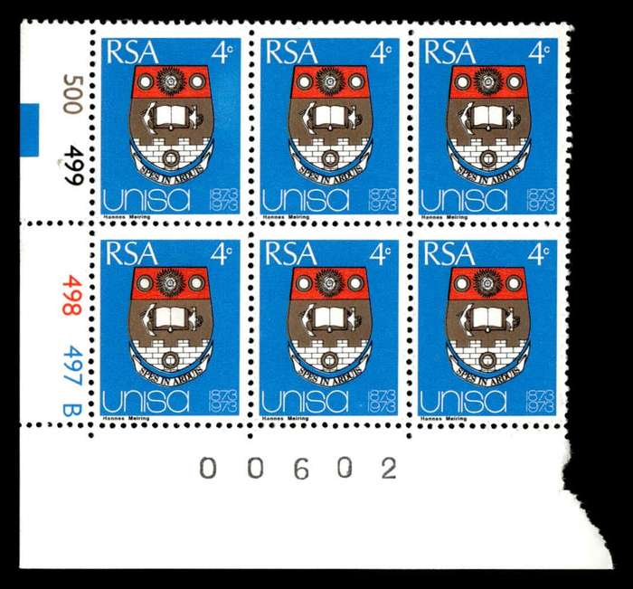 RSA 1973/04/02 Centenary of Unisa 4c Cyl No 500 499 498 497B