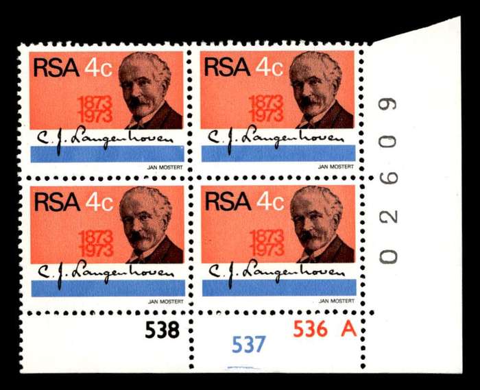 RSA 1973/08/01 Birth Centenary of C. J. Langenhoven 4c Cyl No 538 537 536A