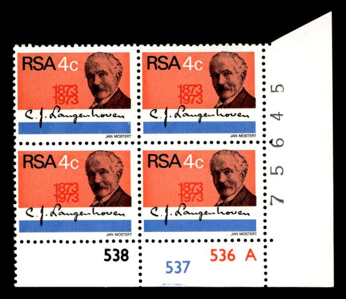 RSA 1973/08/01 Birth Centenary of C. J. Langenhoven 4c Cyl No 538 537 536A