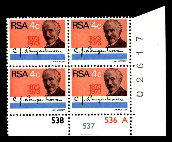 RSA 1973/08/01 Birth Centenary of C. J. Langenhoven 4c Cyl No 538 537 536A
