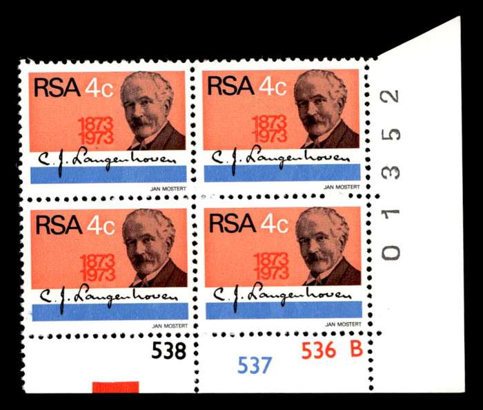 RSA 1973/08/01 Birth Centenary of C. J. Langenhoven 4c Cyl No 538 537 536B