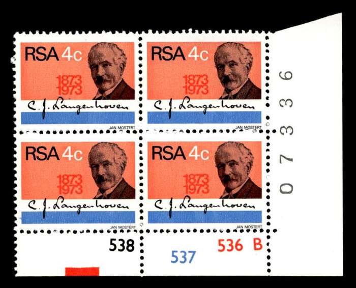 RSA 1973/08/01 Birth Centenary of C. J. Langenhoven 4c Cyl No 538 537 536B