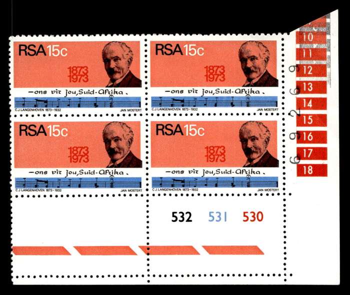 RSA 1973/08/01 Birth Centenary of C. J. Langenhoven 15c Cyl No 532 531 530