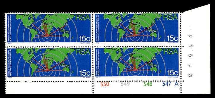 RSA 1973/10/01 World Telecommunications Day 15c Cyl No 550 549 548 547A