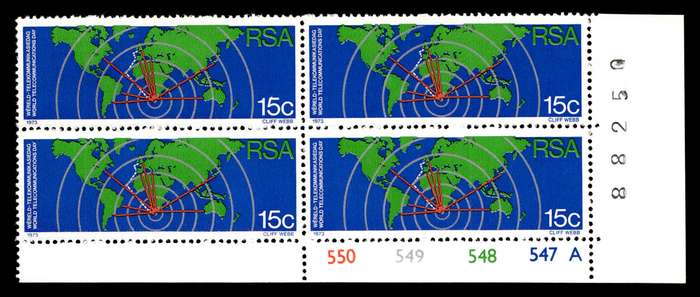 RSA 1973/10/01 World Telecommunications Day 15c Cyl No 550 549 548 547A