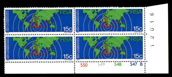 RSA 1973/10/01 World Telecommunications Day 15c Cyl No 550 549 548 547B