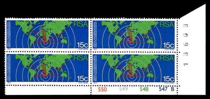 RSA 1973/10/01 World Telecommunications Day 15c Cyl No 550 549 548 547B