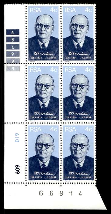 RSA 1974/05/22 Birth Centenary of Prime Minister D.F. Malan 4c Control Blocks