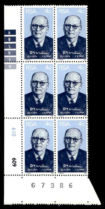 RSA 1974/05/22 Birth Centenary of Prime Minister D.F. Malan 4c Control Blocks