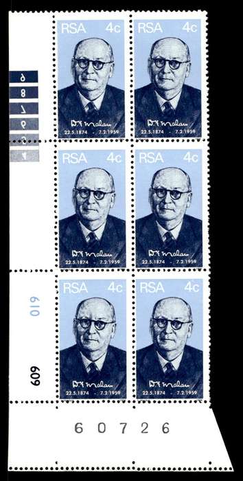 RSA 1974/05/22 Birth Centenary of Prime Minister D.F. Malan 4c Control Blocks
