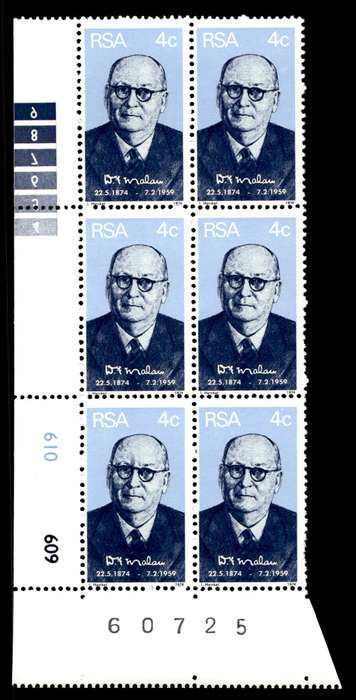 RSA 1974/05/22 Birth Centenary of Prime Minister D.F. Malan 4c Control Blocks
