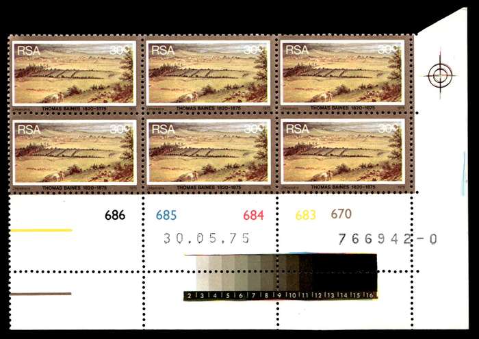 RSA 1975/05/30 Death Centenary of Thomas Baines 30c Control Blocks