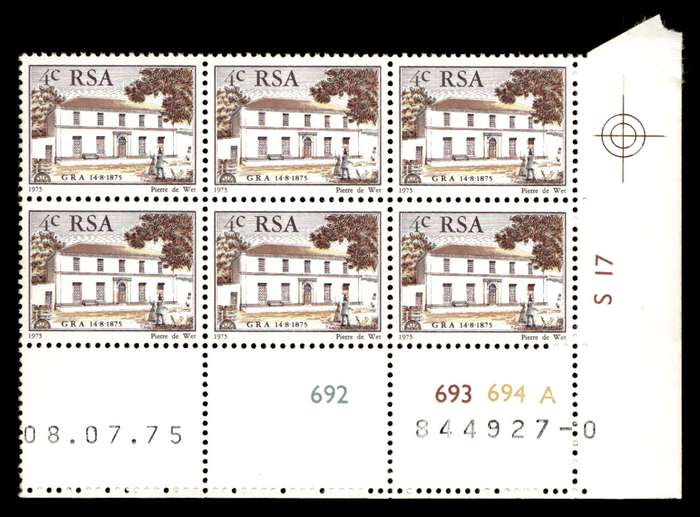 RSA 1975/07/08 Centenary of "Genootskap van Regte Afrikaaners" 4c Cyl no 692 693 694A