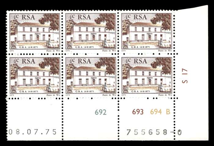 RSA 1975/07/08 Centenary of "Genootskap van Regte Afrikaaners" 4c Cyl no 692 693 694B