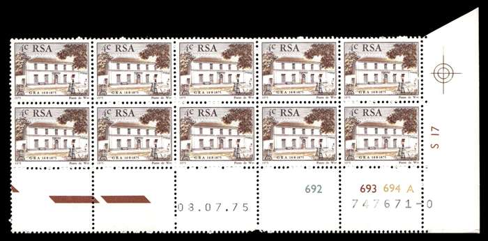 RSA 1975/07/08 Centenary of "Genootskap van Regte Afrikaaners" 4c Cyl no 692 693 694A *10 stamps