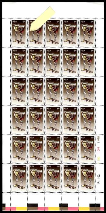 RSA 1977/02/14 International Wine Symposium *Complete sheet of 30 stamps / Plate flaw "die" omitted