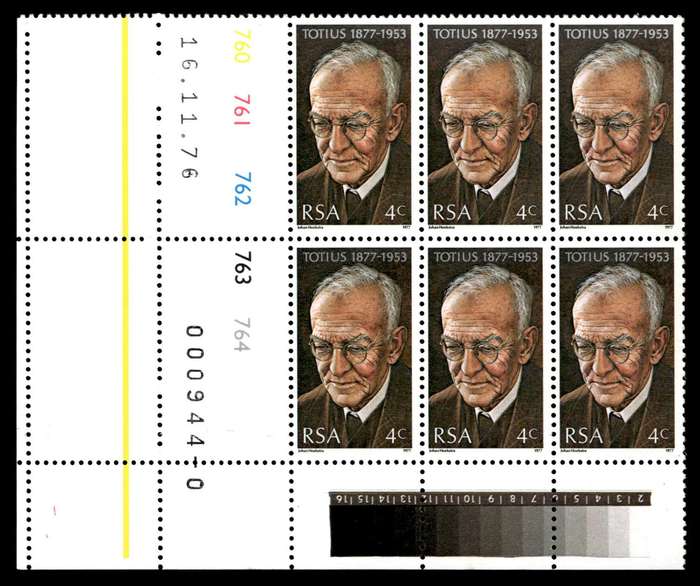 RSA 1976/11/16 Birth Centenary of Prof. J. Du Toit theologian and poet 4c Cyl No 760 761 762 763 764