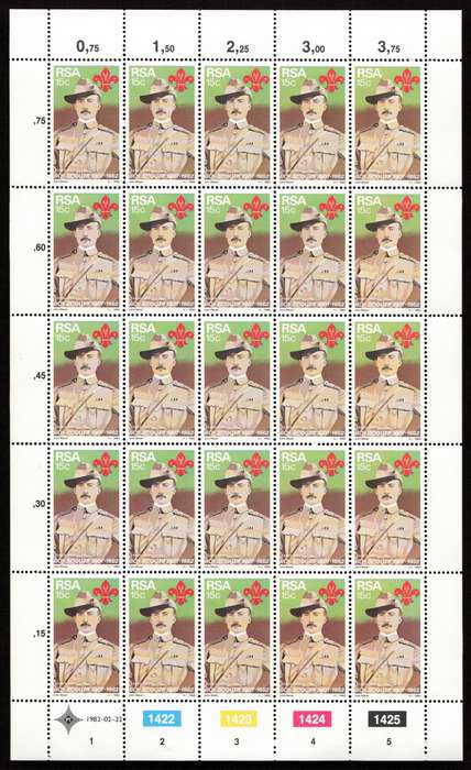 RSA 1982/02/22 75th Anniversary of Boy Scout Movement 15c Cyl 1422 - 1425 *Complete sheet 25 stamps