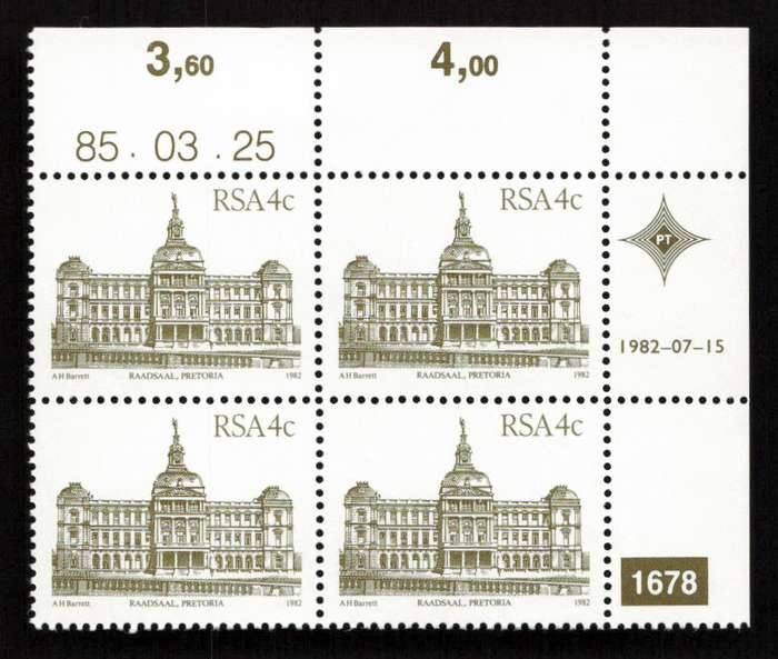 RSA 1985/03/25 4th Definitive Issue South African Architecture 4c Plate 1678