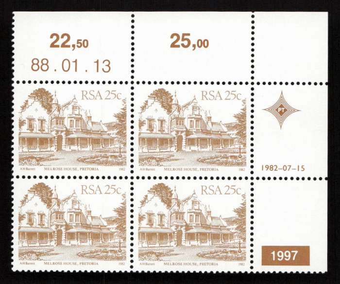 RSA 1988/01/13 4th Definitive Issue South African Architecture 25c Plate 1997