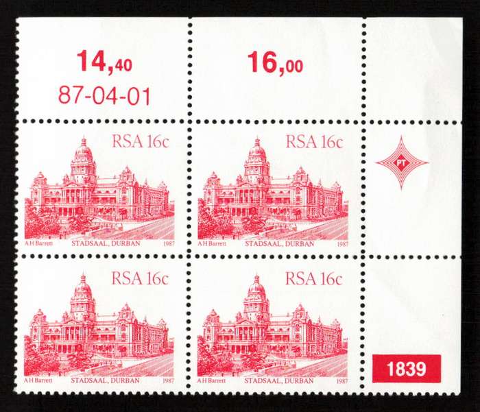 RSA 1987/04/01 4th Definitive Issue South African Architecture 16c Plate 1839