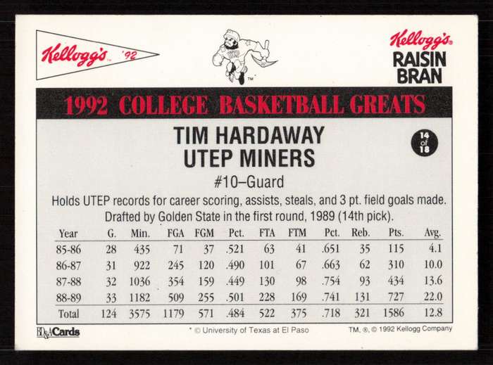 1992 Kellogg's Raisin Bran College Basketball Greats #14 Tim Hardaway