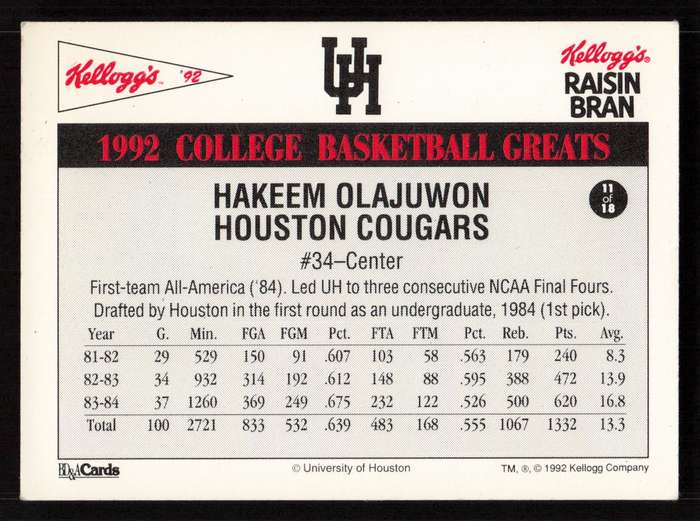 1992 Kellogg's Raisin Bran College Basketball Greats #11 Hakeem Olajuwon