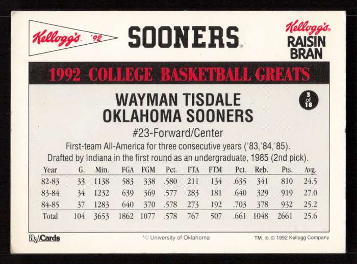 1992 Kellogg's Raisin Bran College Basketball Greats #3 Wayman Tisdale