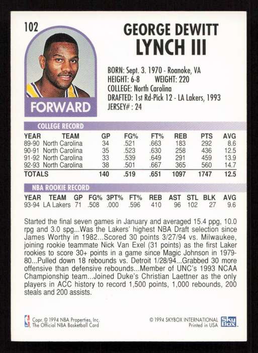 1994-95 Hoops #102 George Lynch