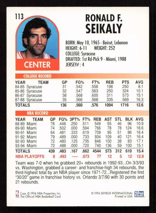 1994-95 Hoops #113 Rony Seikaly