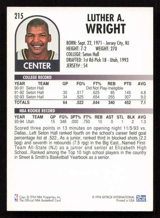 1994-95 Hoops #215 Luther Wright