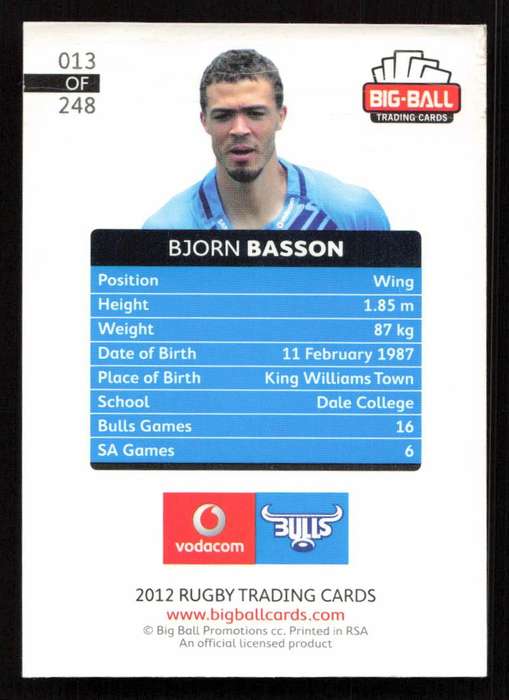 Big Ball 2012 Rugby Trading Card Card 013/248 Bjorn Basson