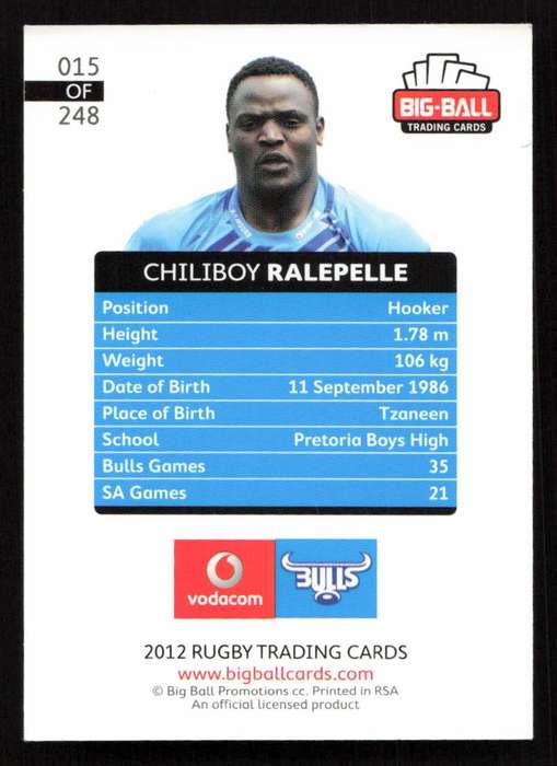 Big Ball 2012 Rugby Trading Card Card 015/248 Chiliboy Ralepelle