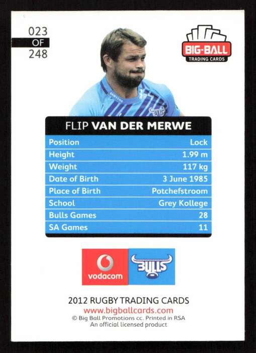 Big Ball 2012 Rugby Trading Card Card 023/248 Flip van der Merwe