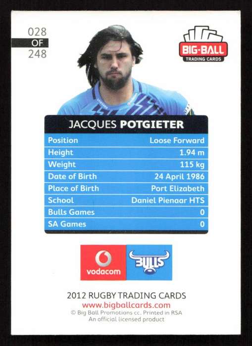 Big Ball 2012 Rugby Trading Card Card 028/248 Jacques Potgieter