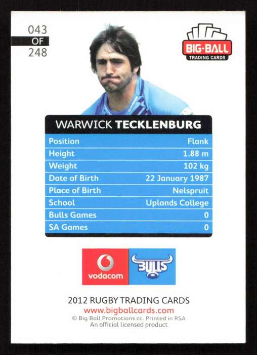 Big Ball 2012 Rugby Trading Card Card 043/248 Warwick Tecklenburg