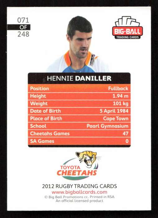 Big Ball 2012 Rugby Trading Card Card 071/248 Hennie Daniller