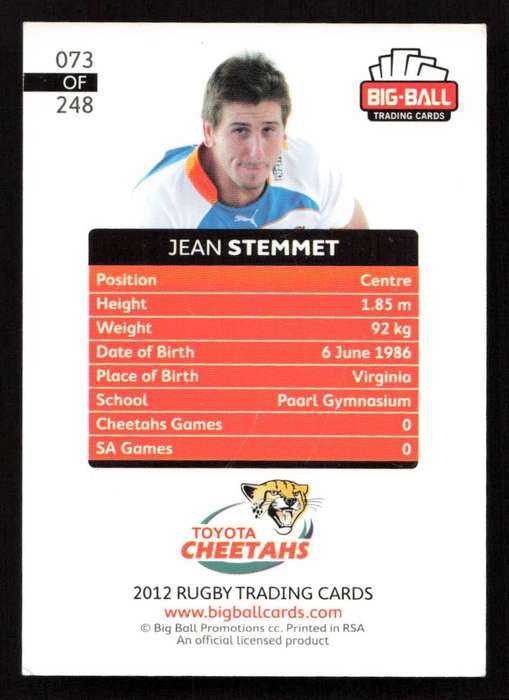 Big Ball 2012 Rugby Trading Card Card 073/248 Jean Stemmet