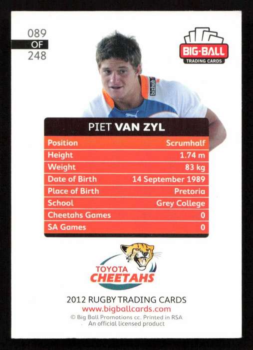 Big Ball 2012 Rugby Trading Card Card 089/248 Piet van Zyl
