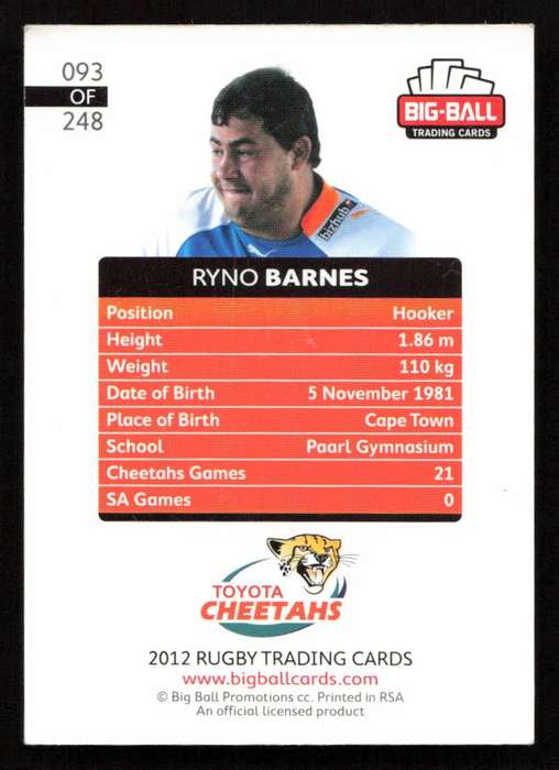 Big Ball 2012 Rugby Trading Card Card 093/248 Ryno Barnes