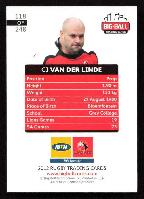 Big Ball 2012 Rugby Trading Card Card 118/248 CJ van der Linde