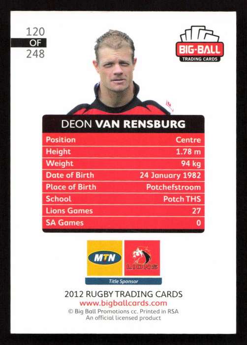 Big Ball 2012 Rugby Trading Card Card 119/248 Deon van Rensburg