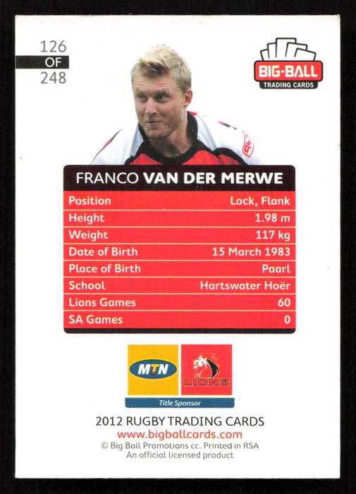 Big Ball 2012 Rugby Trading Card Card 126/248 Franco van der Merwe