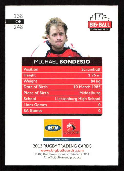 Big Ball 2012 Rugby Trading Card Card 138/248 Michael Bondesio
