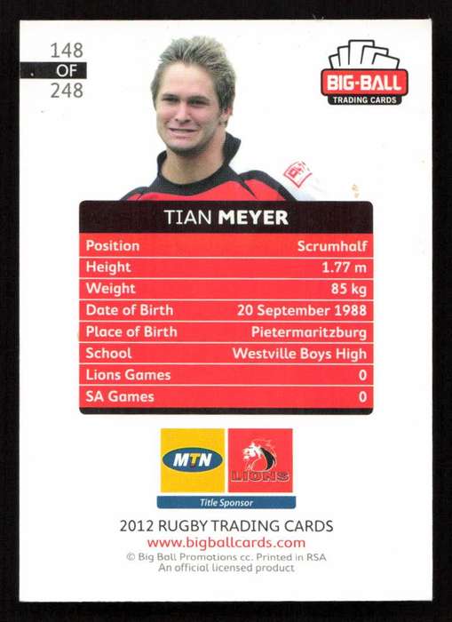 Big Ball 2012 Rugby Trading Card Card 148/248 Tian Meyer