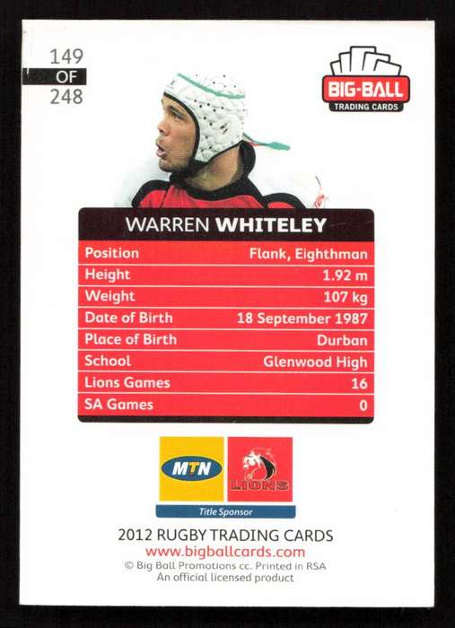 Big Ball 2012 Rugby Trading Card Card 149/248 Warren Whiteley