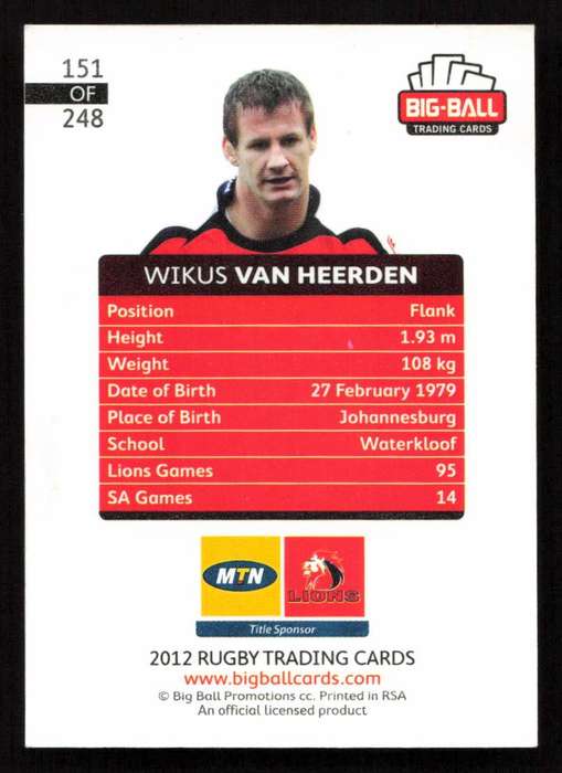 Big Ball 2012 Rugby Trading Card Card 151/248 Wikus van Heerden