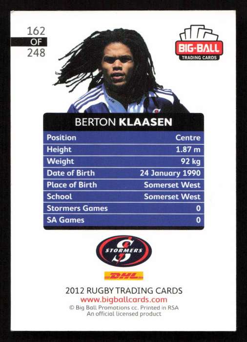 Big Ball 2012 Rugby Trading Card Card 162/248 Berton Klaasen